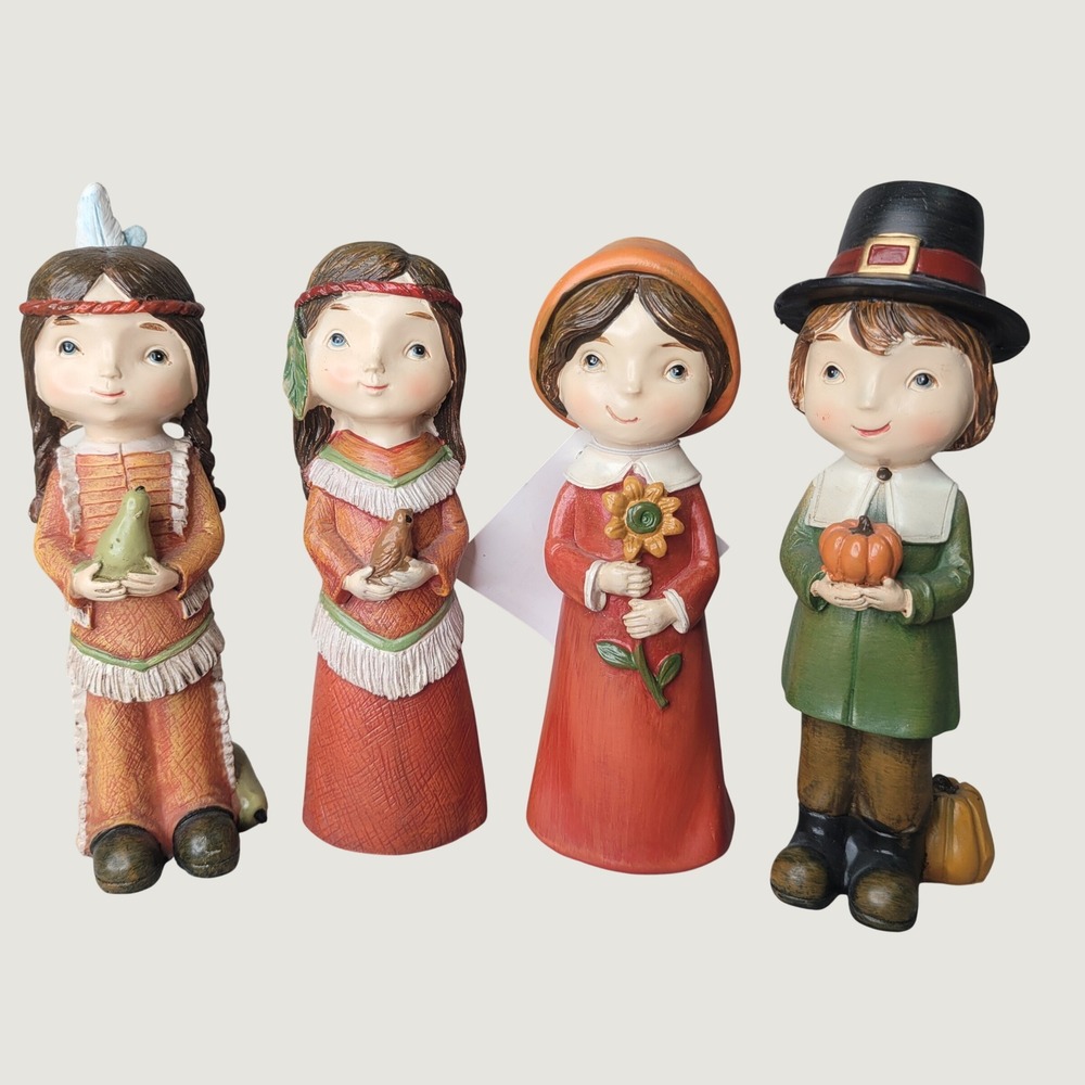 Thanksgiving Figurines Pilgrim & Indian Children 4 pc Harvest Fall Decor Resin